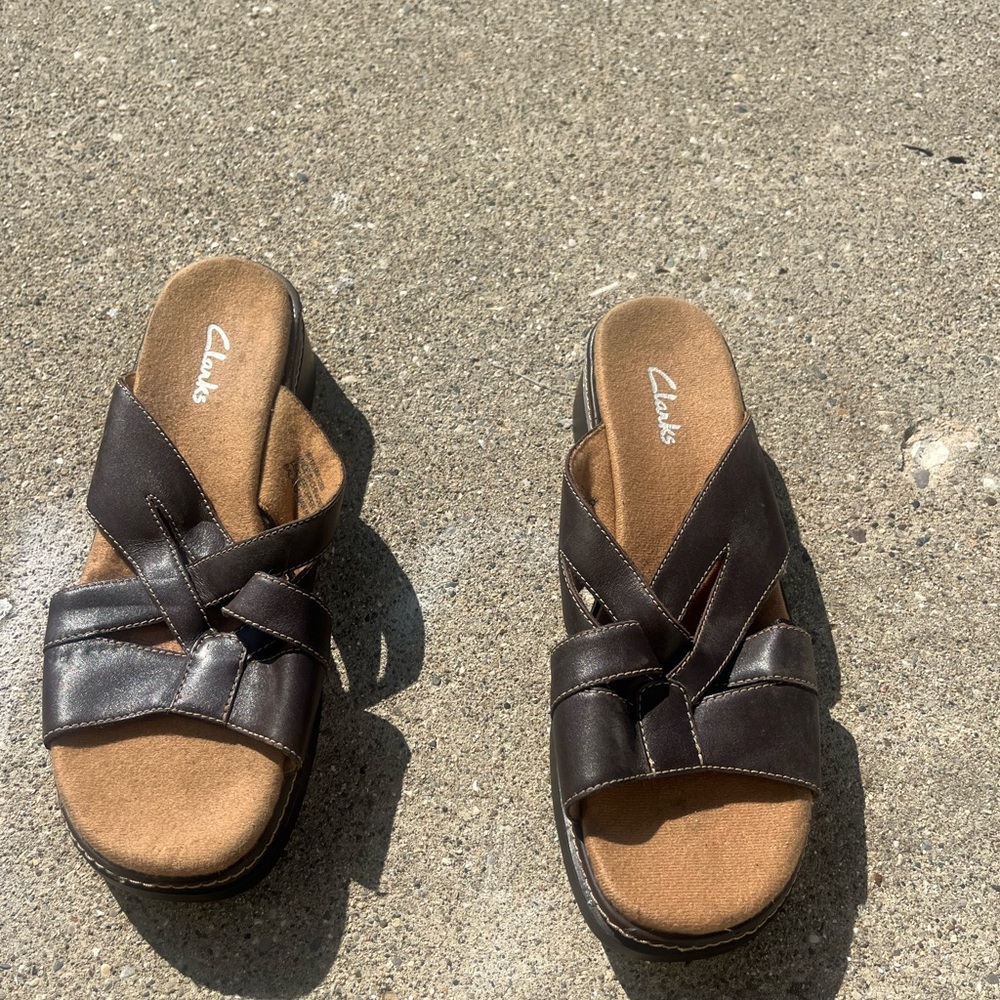 Clarks Dark Brown Cross-Strap Slides